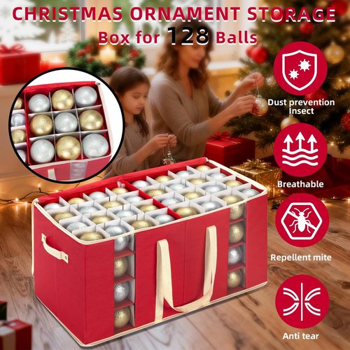 DIMESHY Large Christmas Ornament Storage Box - Adjustable Dividers & Two Handles for 128 Decorations | Red