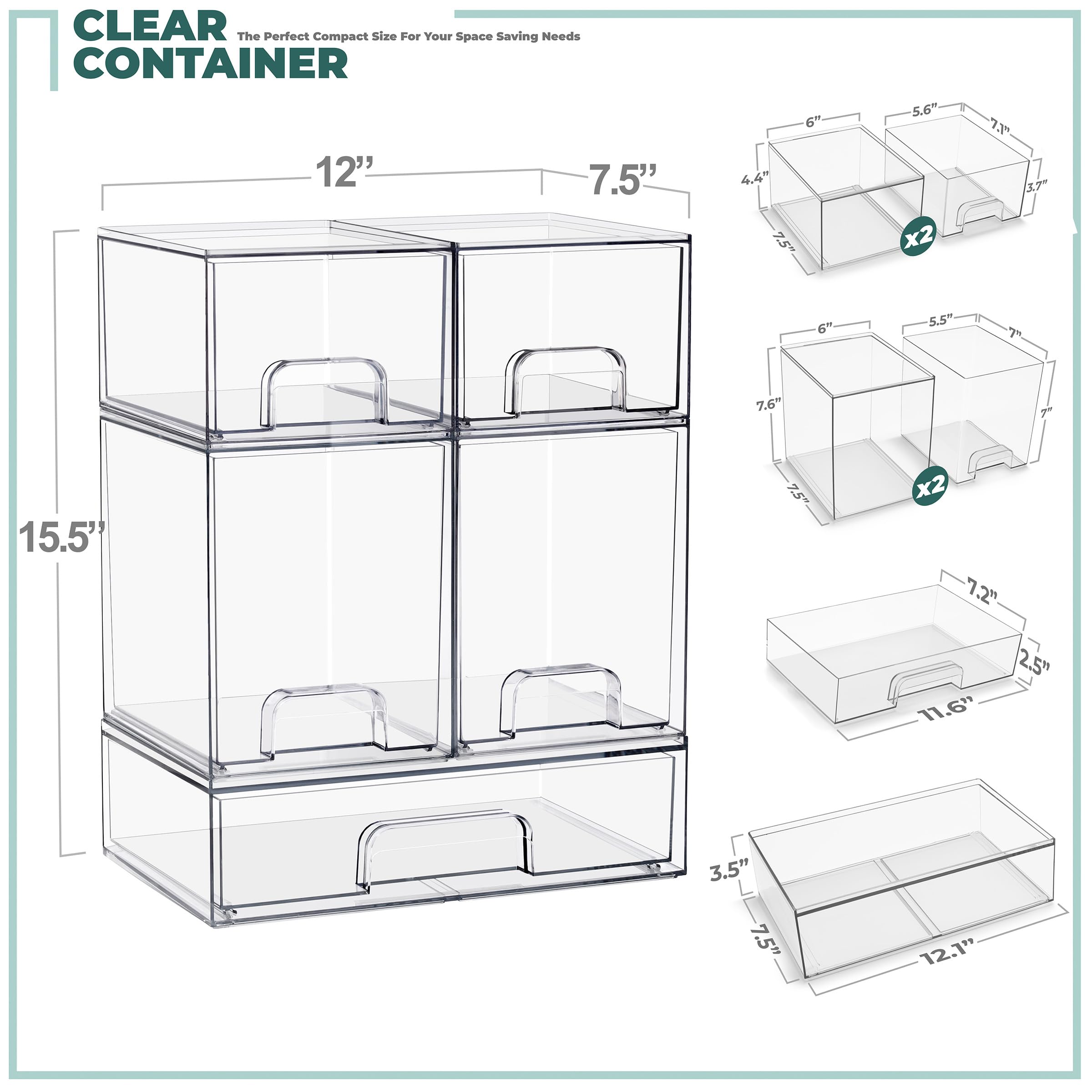 Sorbus Stackable Acrylic Storage Drawers – 2 Small + 2 Tall + 1 Wide – 5 Pack Clear Plastic Organizer Bins for Baby Bottles, Makeup, Bathroom & Vanity, Pull-Out Drawer Design for Kitchen Cabinets