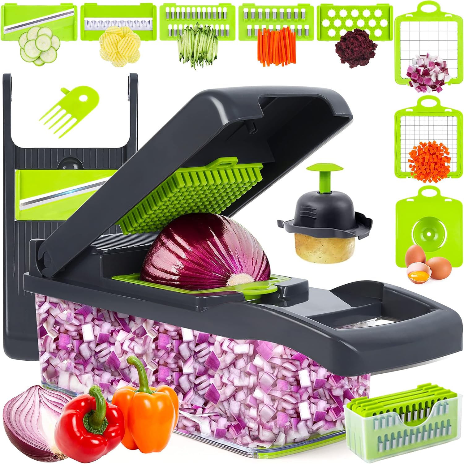 Skiennix Vegetable Chopper - Multifunctional 10-in-1 Mandoline Slicer & Dicer | Gray/Green Kitchen Gadget