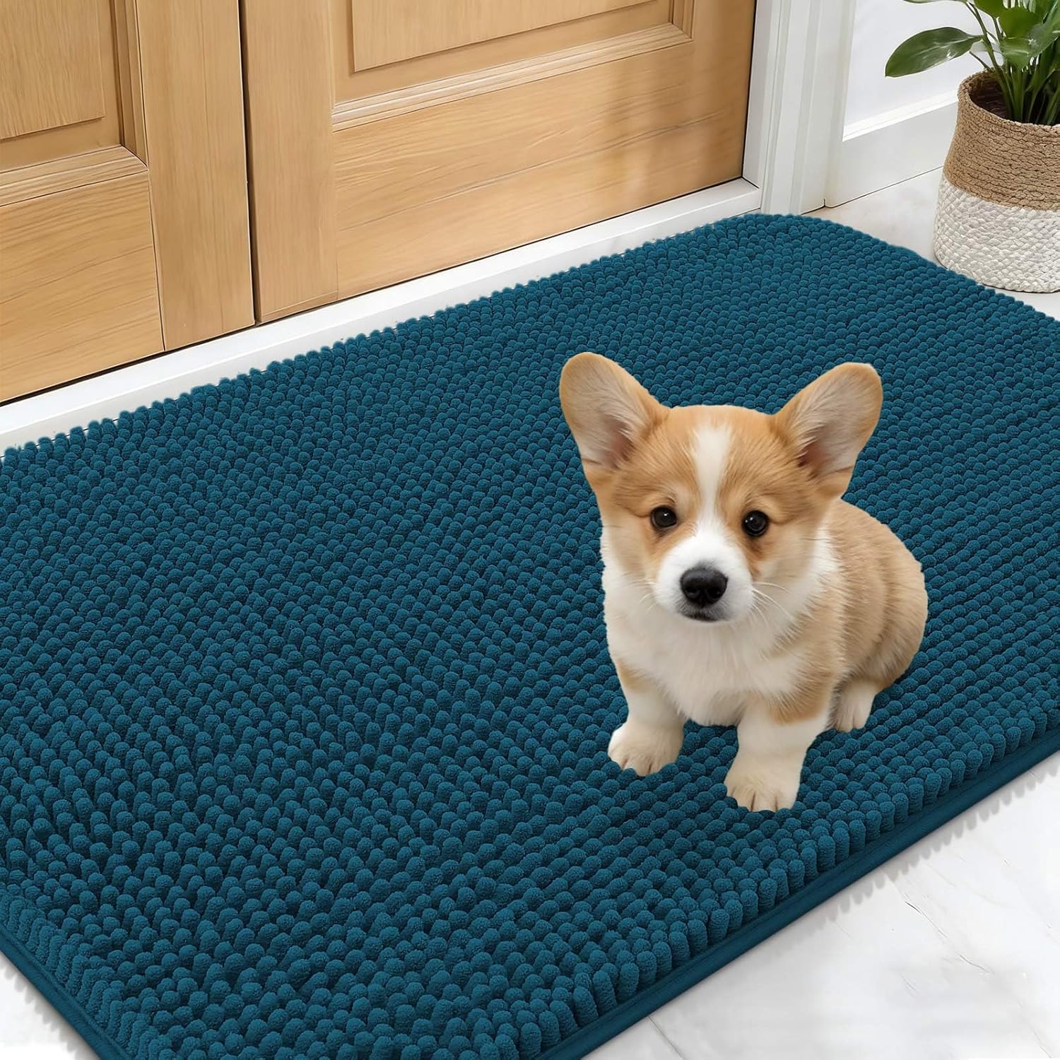 OLANLY Dog Door Mat - Absorbent Non-Slip Mud Mat for Muddy Paws | 24x16 Atlantic Blue, Quick Dry Chenille