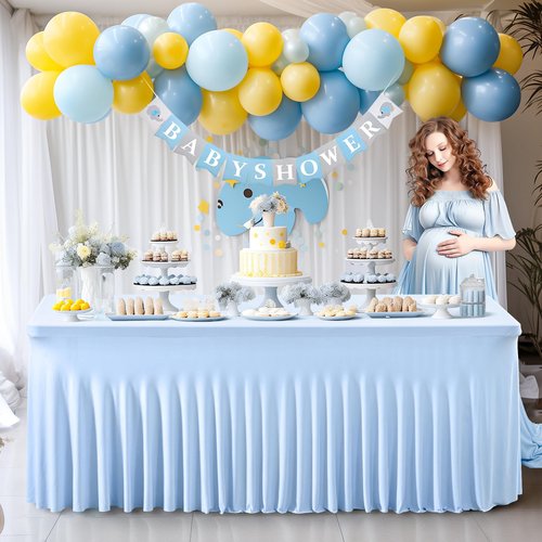 4 Packs Baby Blue Table Clothes for 6 Foot Rectangle Tables, One-Piece Wrinkle Resistant Stretch Spandex Table Covers with Skirt for Event Banquet Wedding Birthday Party