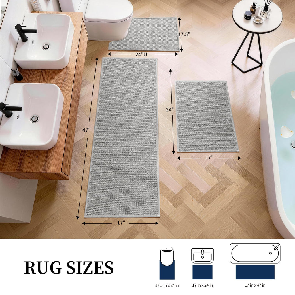 YIHOUSE Gray Bathroom Rugs Sets 3 Piece, Quick Dry Thin Bath Mat with Toilet Rug, Non Slip Absorbent Machine Washable, Bath Runner Rugs for Bathtub Sink Home Decor