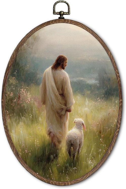 FLAWAFLOMA Jesus and Lamb Oval Wall Art - Rustic Christian Canvas Decor for Home & Church | 8.6x11.4 Inch