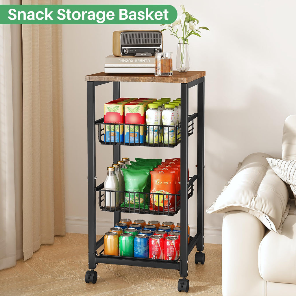 SNTD Fruit Basket Vegetable Stand for Kitchen Pantry, Pull Out Metal Wire Basket with Wood Top for Fruit Vegetable Onions Potatoes Snacks