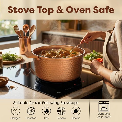 Gotham Steel Hammered 5 Qt Lightweight Dutch Oven Pot with Lid & Holders, Ceramic Non Toxic, Oven Safe & Even Heat Retaining Dutch Oven for Bread Baking Sourdough, Soup, 70% Lighter than Cast Iron