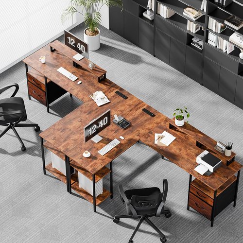 DUMOS L-Shaped Gaming Desk - 62 Inch with Charging Station & Dual Monitor Stands | Brown Corner Desk for Home Office
