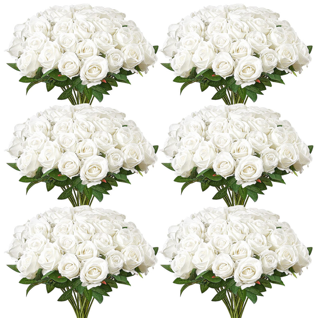 VEVOR Artificial Flowers, 120 pcs Real Looking White Foam Fake Roses Bulk, White Faux Bridal Shower with Stems for DIY Wedding Bouquets, Home Centerpieces Arrangements, Party Tables Decorations