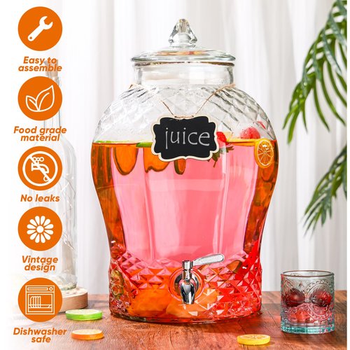 Baderke 4 Gallon Glass Drink Dispenser for Parties Beverage Glass Water Dispenser with18/8 Stainless Steel Leakproof Spigot Hanging Chalkboard Signs Pen for Party Wedding(Novel Style)