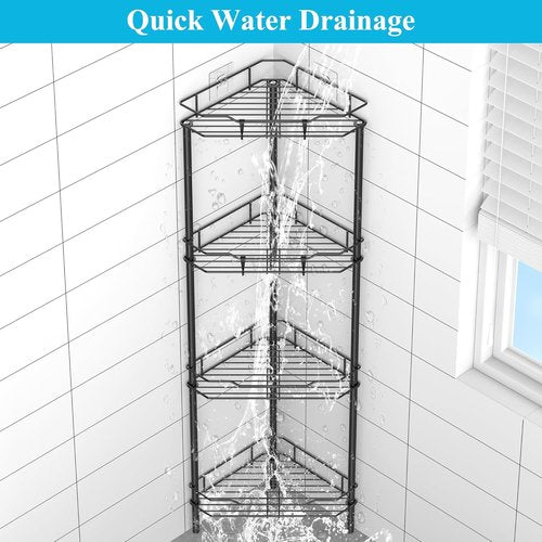 HuggieGems Corner Shower Caddy Organizer - 4 Tier Floor Stand with Hooks | Black Bathroom Shelf Rack