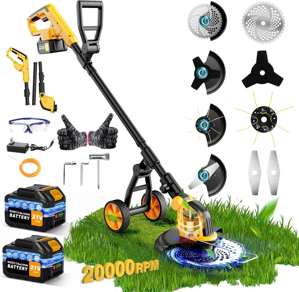 Skiennix 20000 RPM Brushless Battery Weed Wacker - Heavy Duty Cordless Lawn Tool with 2 Batteries