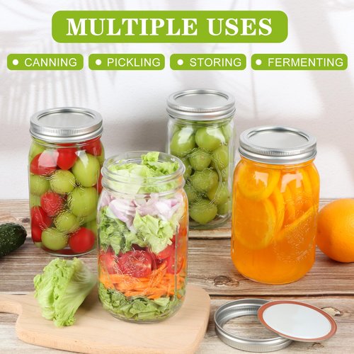 HWASHIN Wide Mouth Mason Jars 32 oz, 6 Pack Quart Canning Jars with Airtight Lids and Bands, Clear Glass Mason Jars for Canning, Pickling, Preserving, Meal Prep
