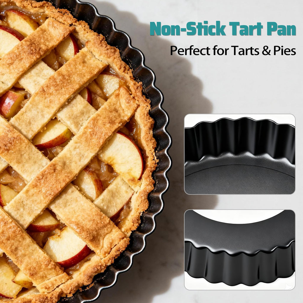 Tart Pan 2 Pack, 9 Inch Non-Stick Carbon Steel Pie Pan, Tart Pans with Removable Bottom -Top 9.5 inches, bottom 9 inches, 1.2 inches deep - Perfect Molds for Making pie, Fruit Tarts with Grooved Edges