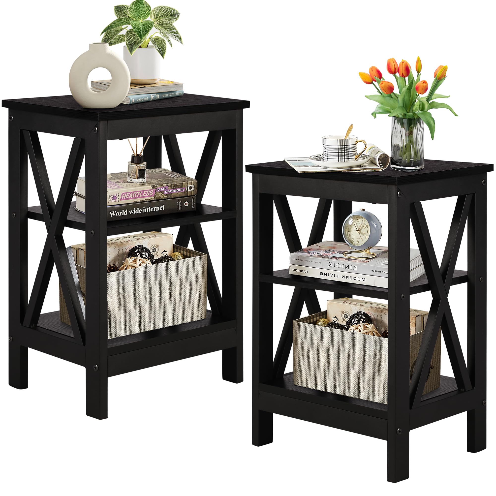 VECELO Modern Nightstands X-Design Side End Table Night Stand with Storage Shelf for Bedroom,Living Room,