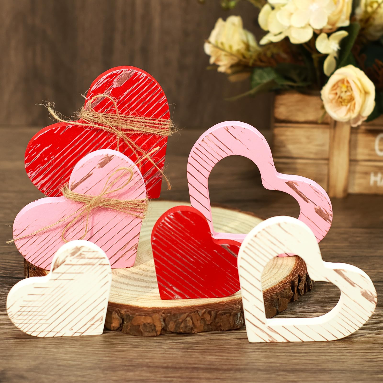 6pcs Wooden Hearts-Valentines Day Decor-Valentines Day Tiered Tray Decor Cute Wood Heart Signs for Home, Table, Tiered Tray Decoration