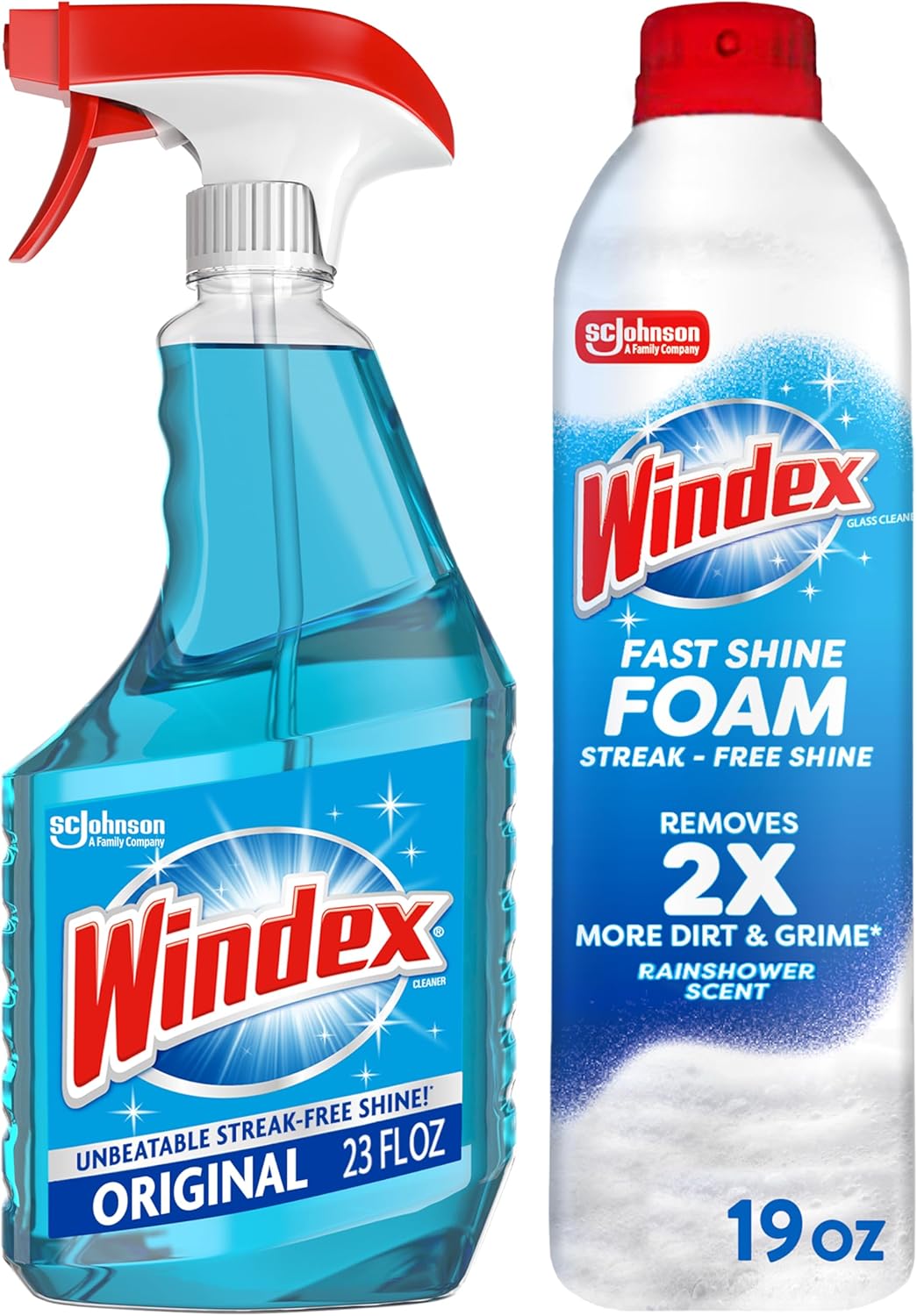 Windex Glass Cleaner Bundle - Original Blue 23oz Trigger Spray & 19oz Fast Shine Foam