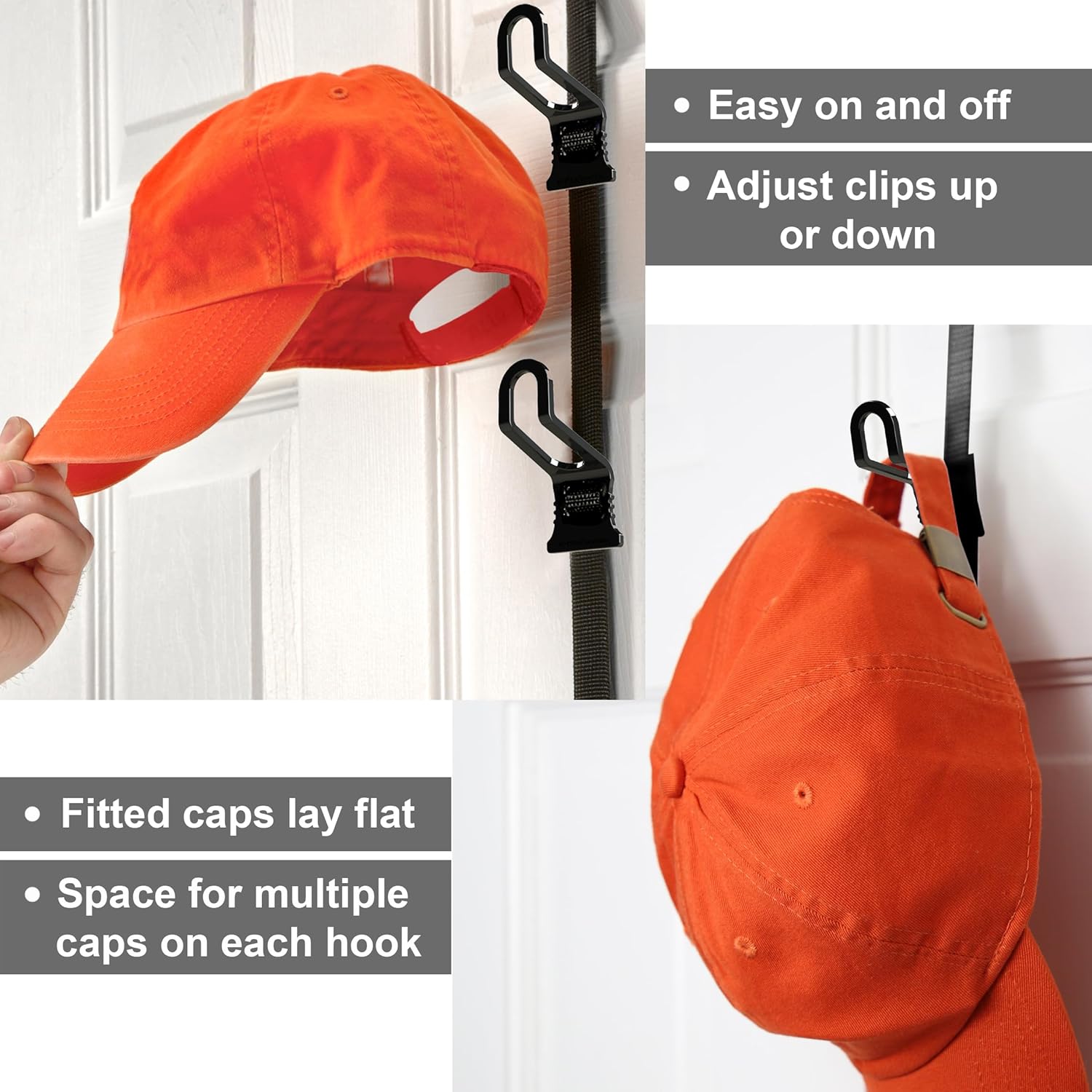 Perfect Curve CapRack - Over-The-Door Hat Organizer for 18-36 Baseball Caps | Black
