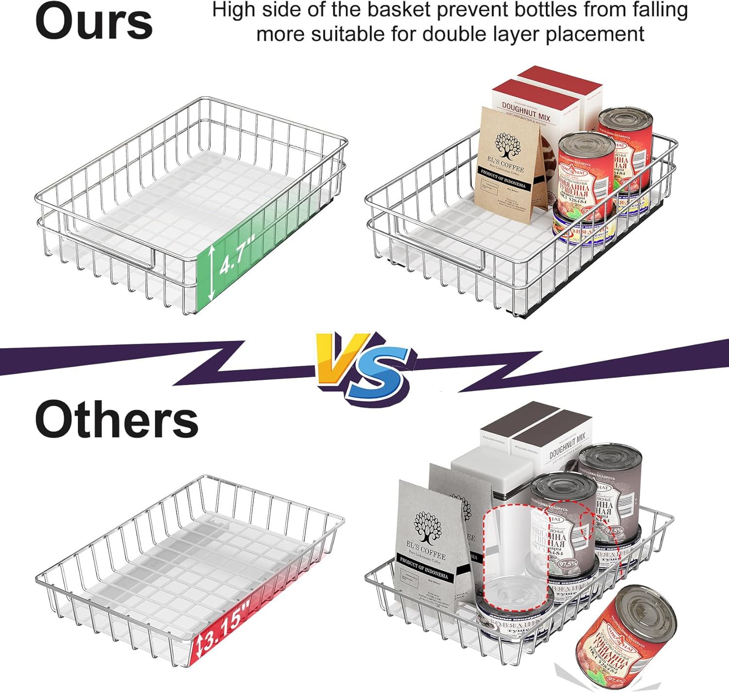 Pull Out Cabinet Organizer by Regine Switzerland - Stainless Steel 2-Pack Drawer with Silent Slides | Ideal for Kitchen, Pantry & Bathroom