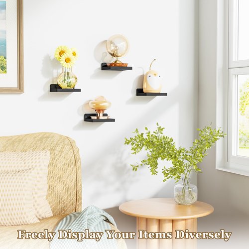 SRIWATANA Small Floating Shelves Wall Mounted, Wood Shelf for Decoration and Storage Set of 4, Mini Display Shelf for Bedroom, Bathroom, Kitchen, Office (Black, 5 inch)