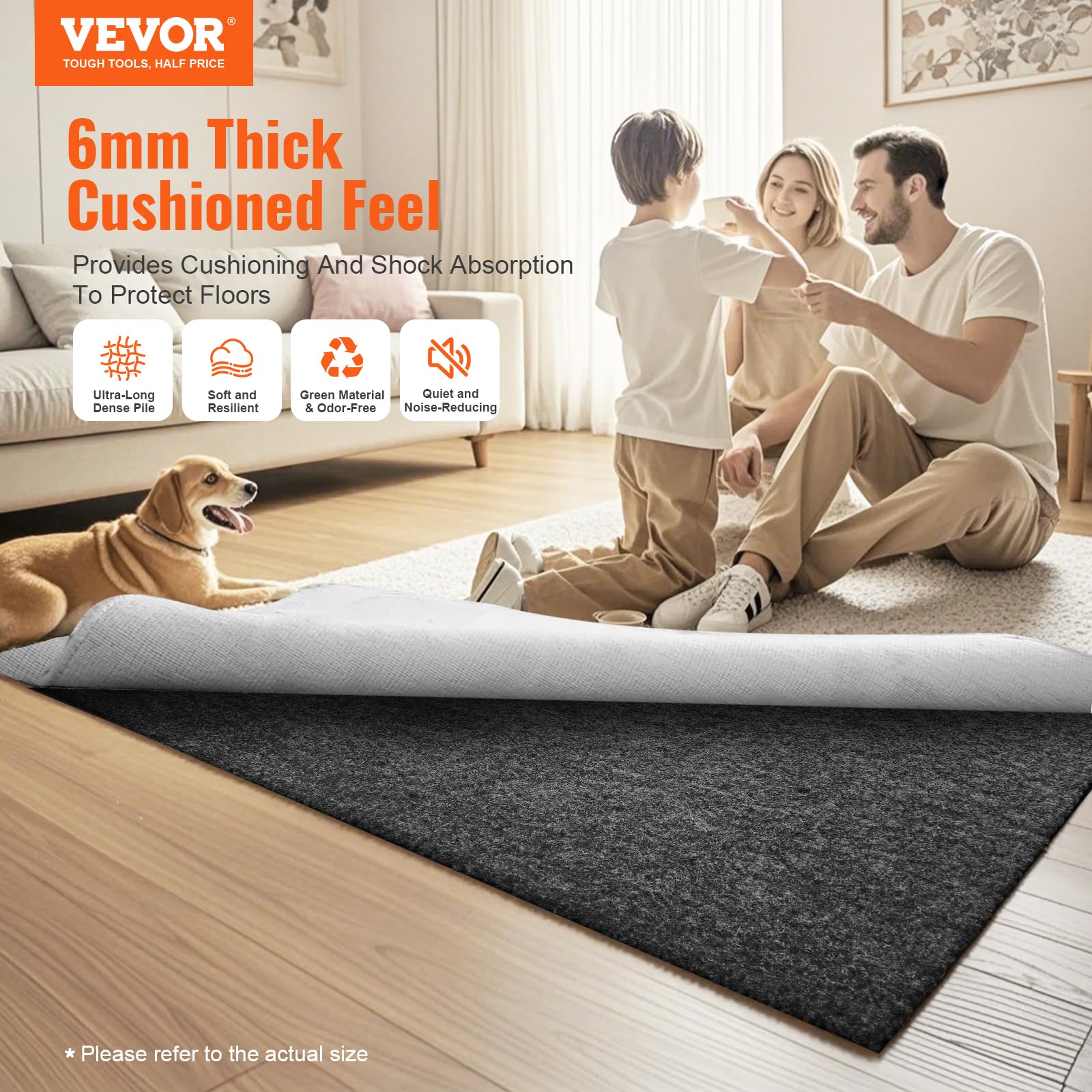 VEVOR 8' x 10' Rug Pad Gripper Without Slip-Resistance - 1/4" Thick Polyester Felt Padding Cushion for Area Carpet Runner Hardwood Floors Living Room - Grey