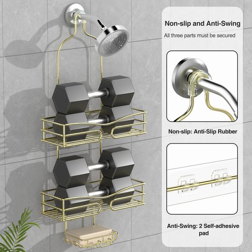 DAOYA Over the Shower Head Caddy - 3 Tier Shower Caddy Hanging, Gold Bathroom Organizer with Soap Holder & Hooks