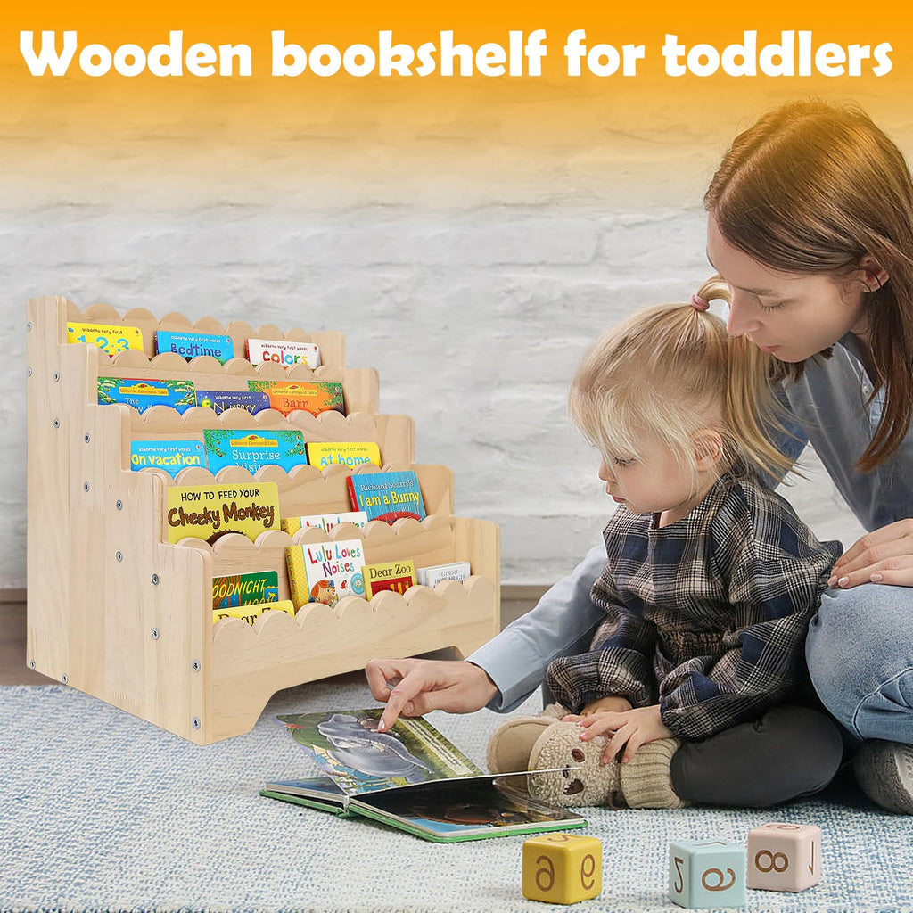5 Tier Small Wooden Scalloped Shelf for Toddler 1-5 Years, Kids Bookshelf Children Montessori Bookshelf, Durable Baby Toddler Bookcase for Nursery Playroom, 16.9*11.4*15.7"