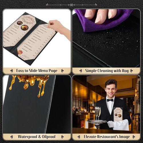 FLKQC Restaurant Menu Covers Holders 4.25" x 11" | 10 Pack 8 View Synthetic Leather Menu Holder Black for Wine List, Drinks, Commercial Menu Holder (10, Five Fold Panels (4.25 x 11 inch))