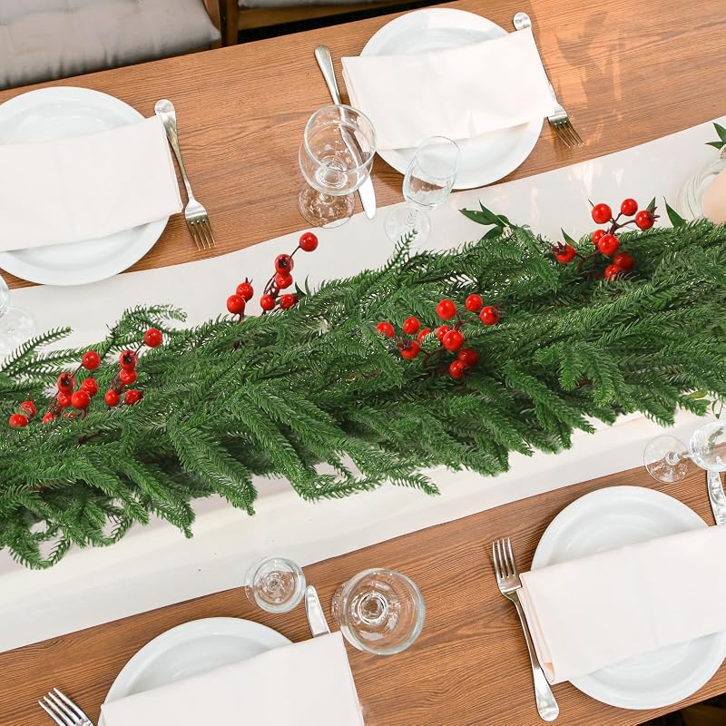 4 Pcs 6 ft Artificial Norfolk Pine Garland with Red Berries - Realistic Greenery Xmas Garlands for Mantle, Staircase, Fireplace (Variation of THIS listing: 4)