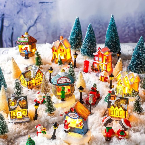 Kasyat Christmas Village Set - 58 Pcs Miniature Figurines & LED Houses for Winter Decor