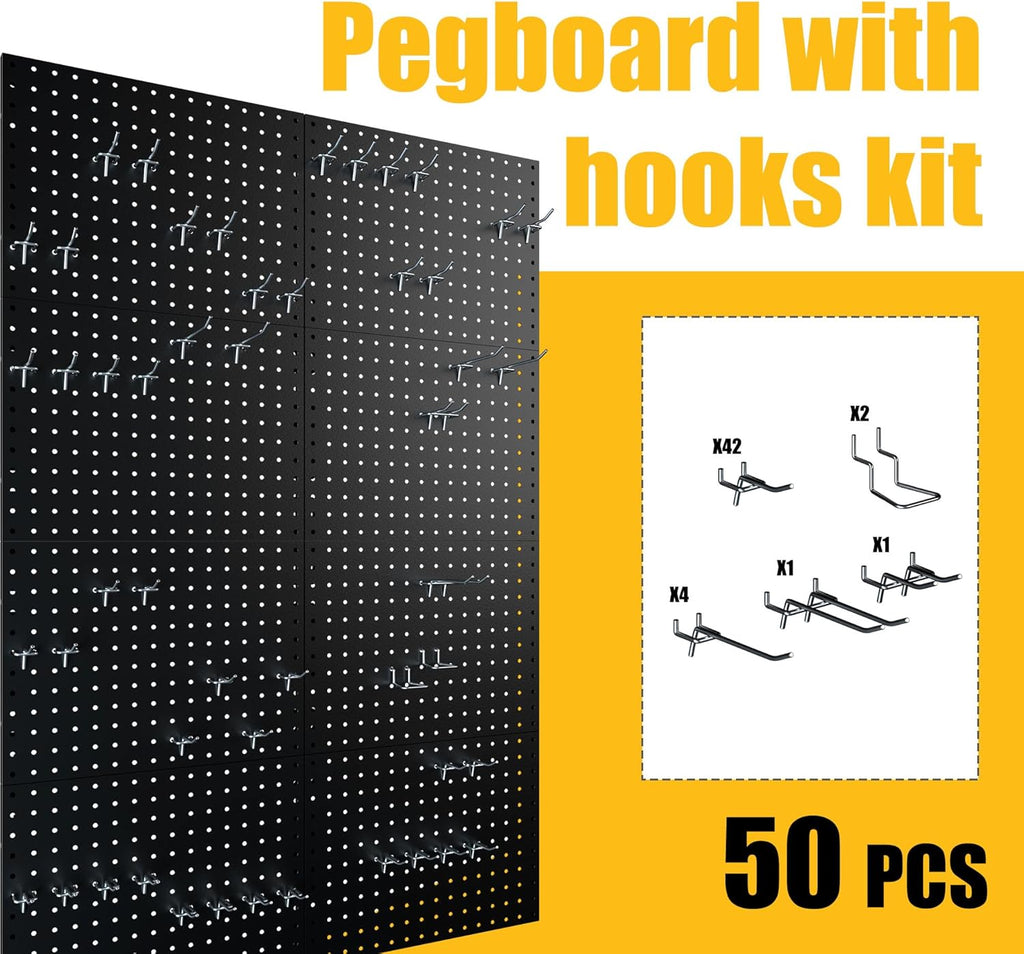 Spampur Metal Pegboard Panels - 8 Pack Heavy-Duty Wall Organizer with 50 Hooks | Black for Home & Garage