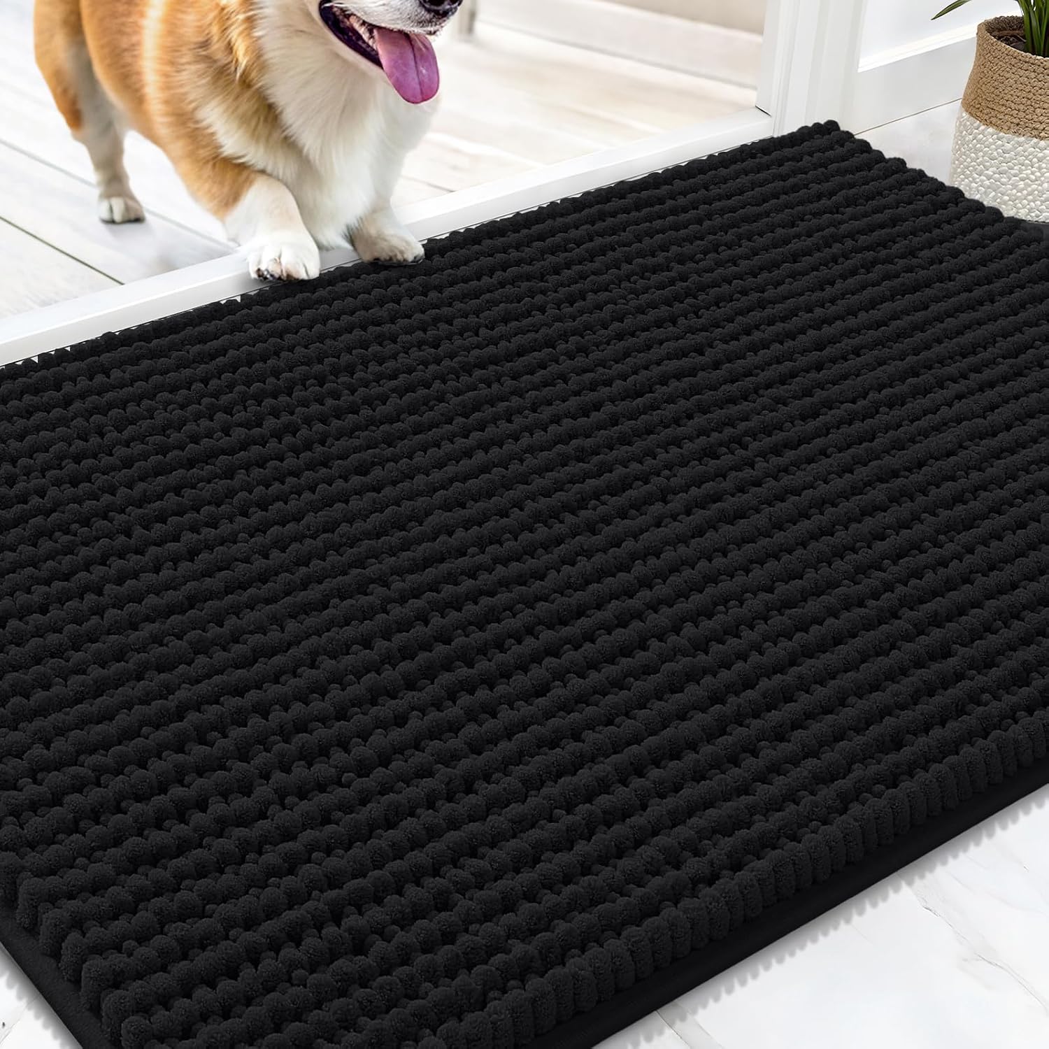 OLANLY Dog Door Mat - Ultra Absorbent Chenille Mud Doormat | Non-Slip, Washable, 30x20, Black