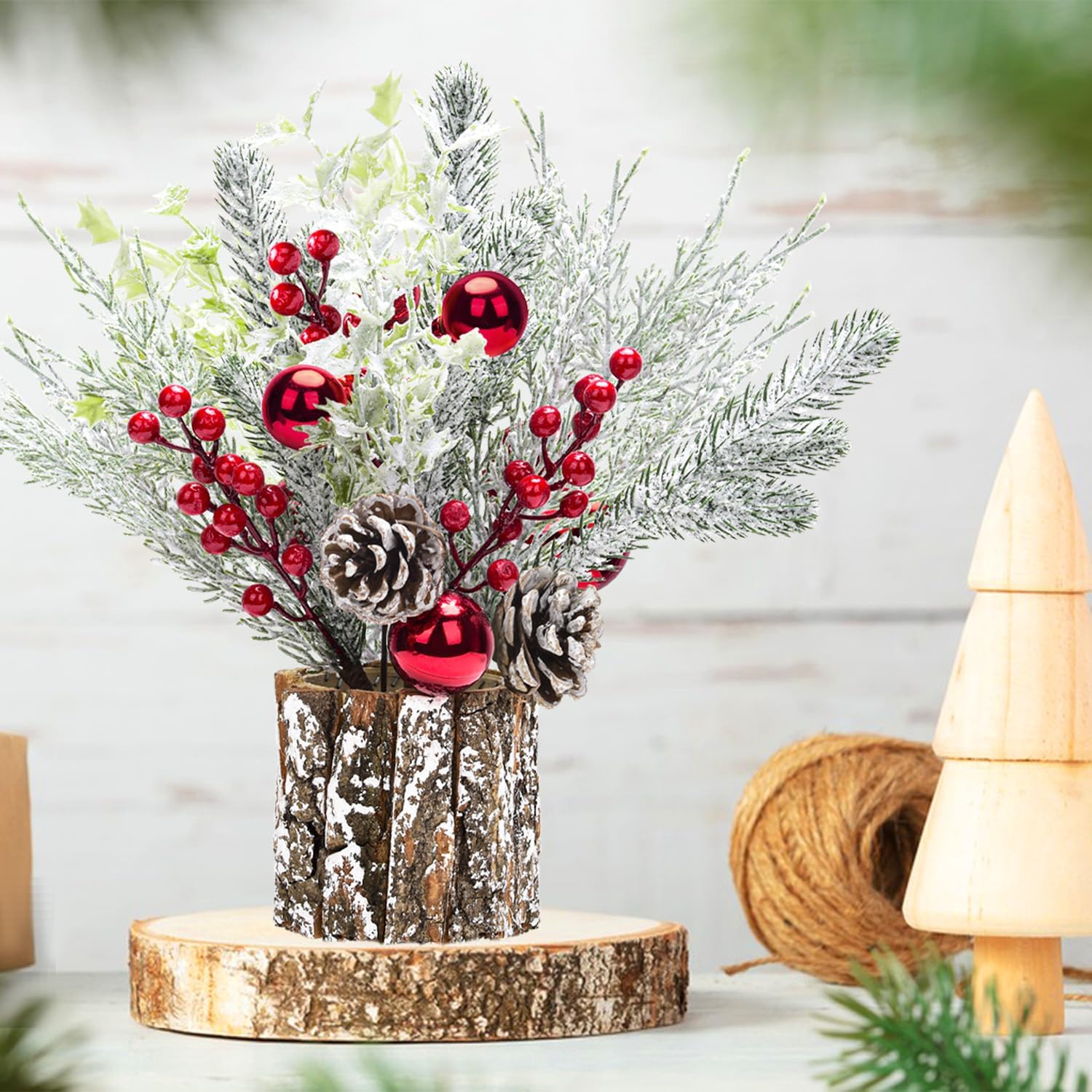 Skiennix Christmas Table Decorations - 14-Inch Potted Christmas Tree with Lights & Pine Cones | Holiday Centerpiece