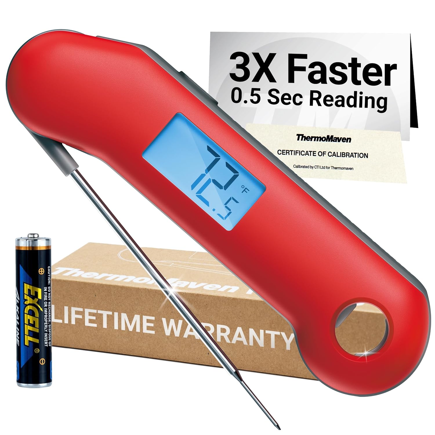 ThermoMaven Digital Meat Thermometer - Instant Read in 0.5 Sec, NIST Certified Accuracy, Waterproof Probe | Red & Gray