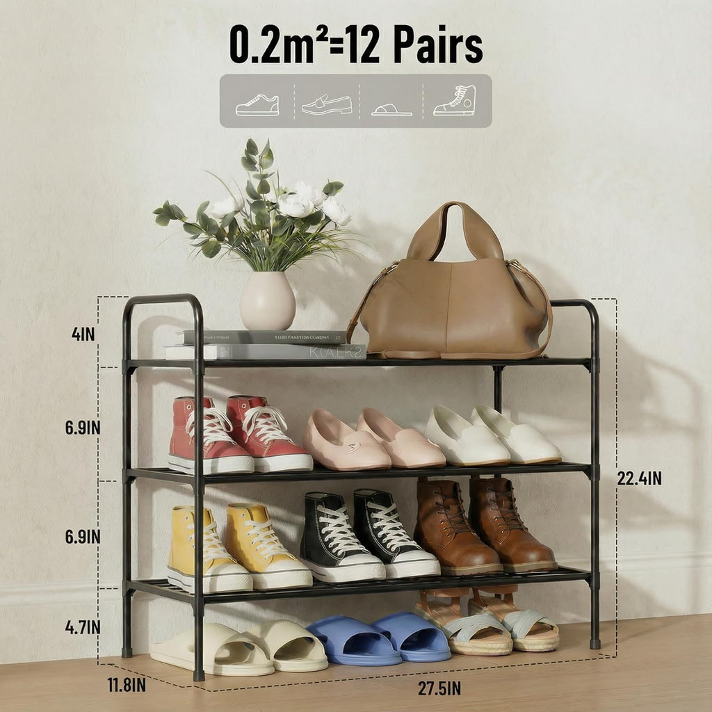 3-Tler Shoe Rack Organizer - Rustproof Iron Shoe Storage Shelf for Closet & Entryway | Fits Sneakers & Slippers, Black