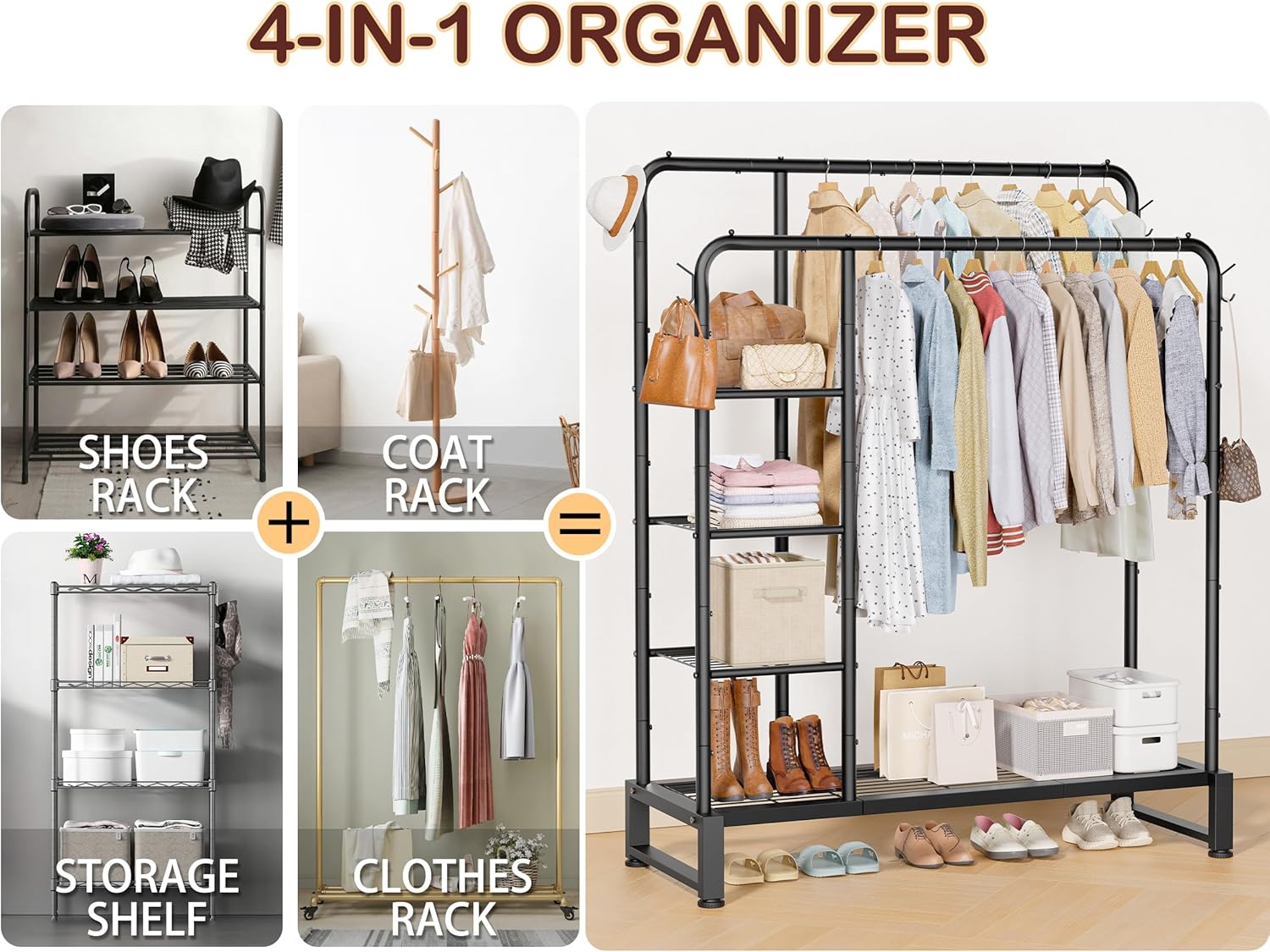 Skiennix Double Rods Clothes Rack - Multifunctional Heavy-Duty Organizer with 4-Tier Shelves | Black
