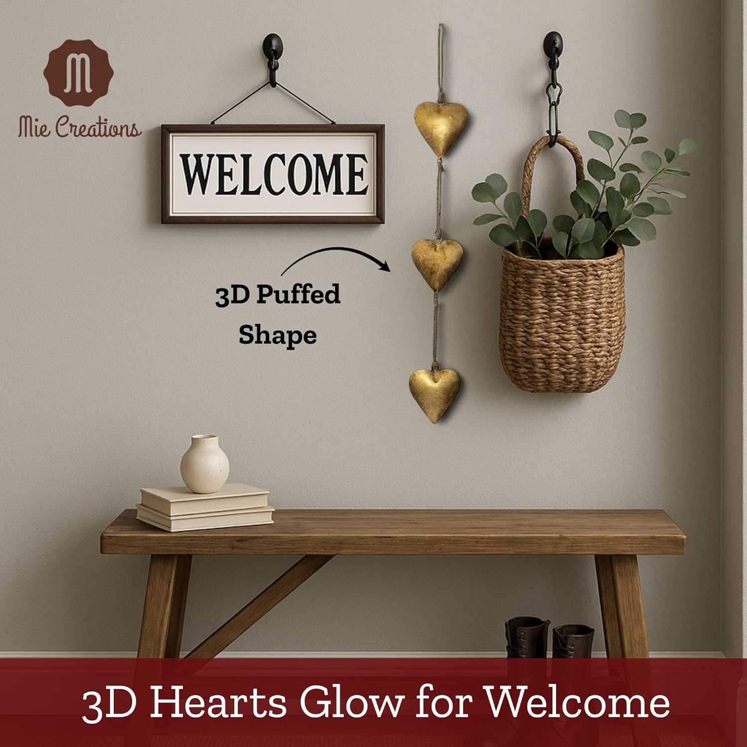 Mie Creations Vintage Metal Heart Wall Art - Gold Heart Shaped Bedroom Decor | Rustic Anniversary Gift, 27''