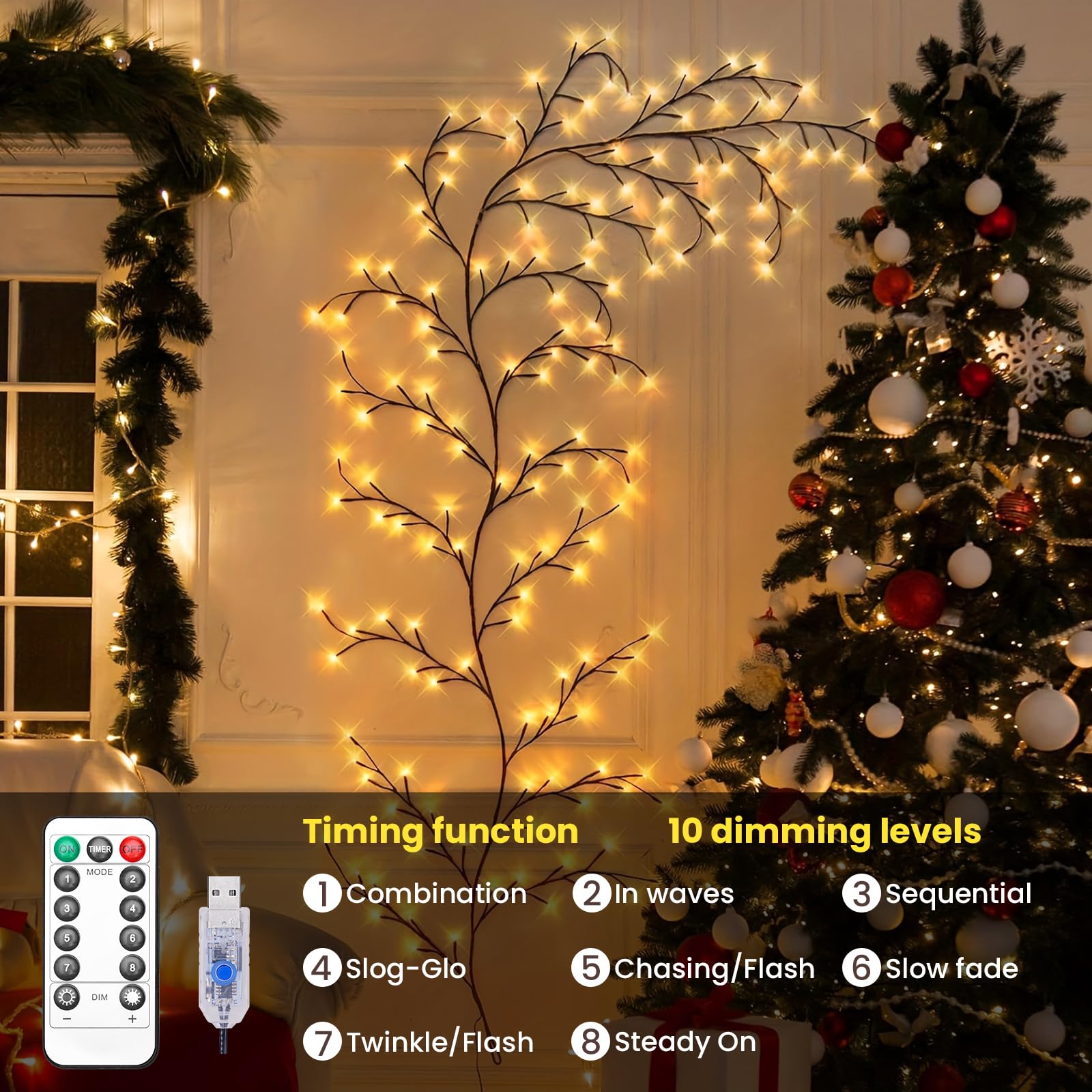 Enchanted Willow Vine Lights for Wall,Willow Vine Tree Branch Lights Decoration Gift,with 48 LED Light and Remote,8 Lighting Modes,for Bedroom Wall Doors Windows Wedding Christmas (47 Inch)