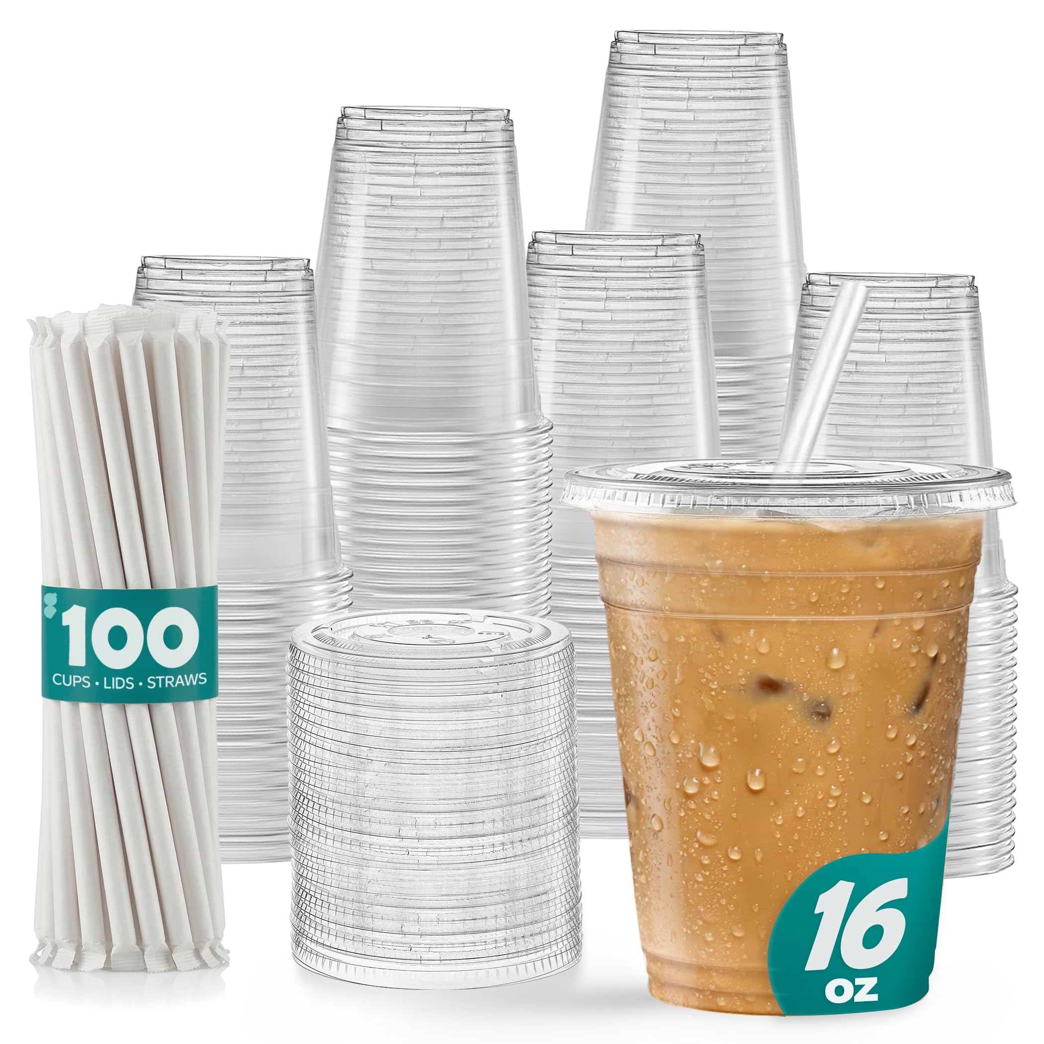 GUSTO - 16 oz - 100 Sets - Clear Plastic Cups with Lids and Straws – Disposable Iced Coffee Cups for Cold Drinks, Smoothies, Boba, and To-Go Beverages – Sturdy, Easy-to-Separate