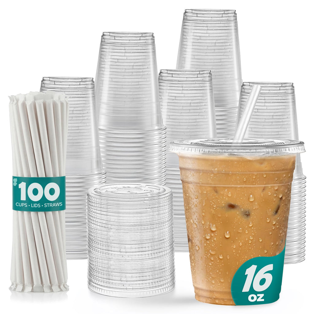 GUSTO [24 oz - 100 Sets Clear Plastic Cups with Lids and Straws – Disposable Iced Coffee Cups for Cold Drinks, Smoothies, and To-Go Beverages – Sturdy, Easy-to-Separate