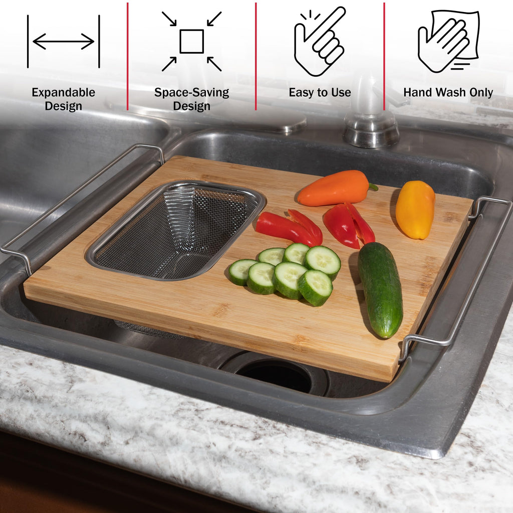 Cutting Board with Strainer - 2 in 1 Adjustable Bamboo Chopping Board with Removable Stainless Steel Colander for Over the Sink by Classic Cuisine