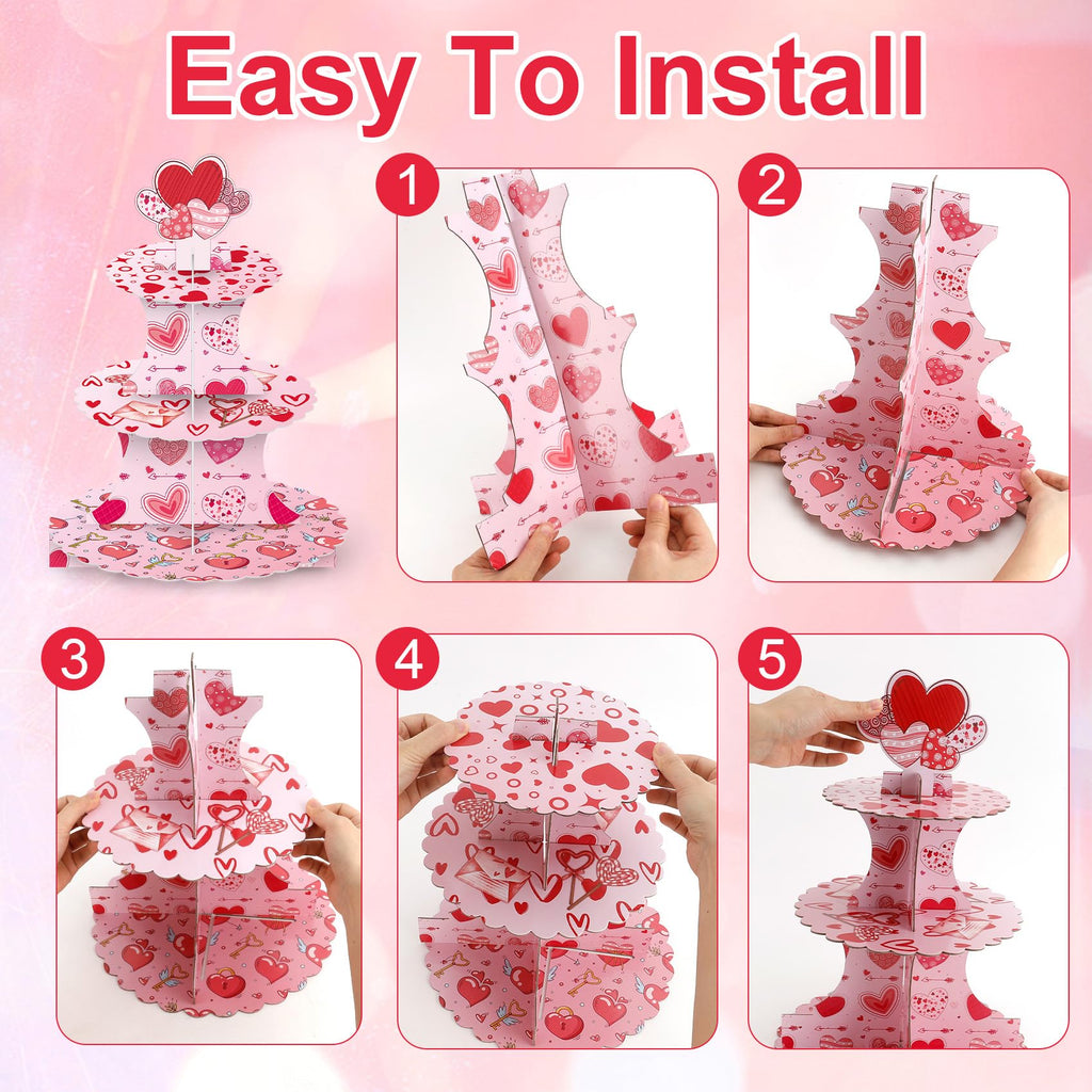Valentine's Day Cupcake Stand Decoration, 3 Tier Hearts Candy Cupcake Stand DIY Cake Stand Holder Tower Cardboard Dessert Serving Cookie Tray Holder for Valentine Wedding Anniversary Party Supplies