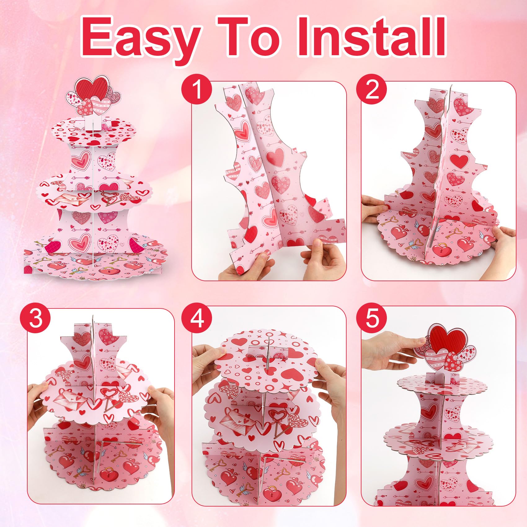 Valentine's Day Cupcake Stand Decoration, 3 Tier Hearts Candy Cupcake Stand DIY Cake Stand Holder Tower Cardboard Dessert Serving Cookie Tray Holder for Valentine Wedding Anniversary Party Supplies