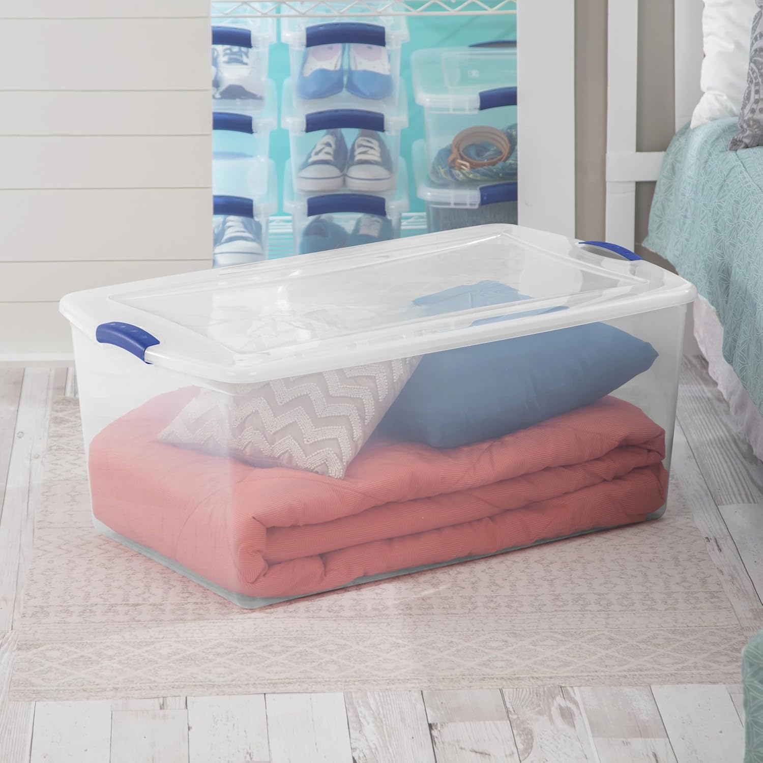 Regine Switzerland 105 QT Transparent Storage Box - Stackable with Blue Lock Mechanism | Ideal for Household & Seasonal Items