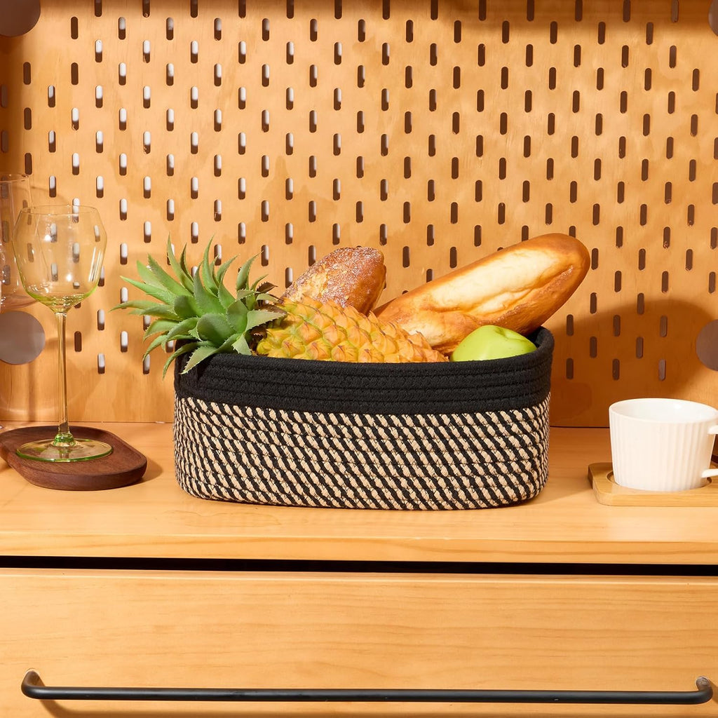 MiniArk Small Storage Baskets - Organizing Bins for Closet & Shelf | Woven Rope | 11.5x7.5x4.7” | 3 Pack in Black & Brown
