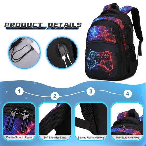 DIGOBAY Boys Backpack for School, 3PCS Cool Luminous Gamer Backpack for Boys with Lunch Box Pencil Case, Kids Backpacks Bookbag for Teen Boy Elementary Middle High School with USB Charging Port