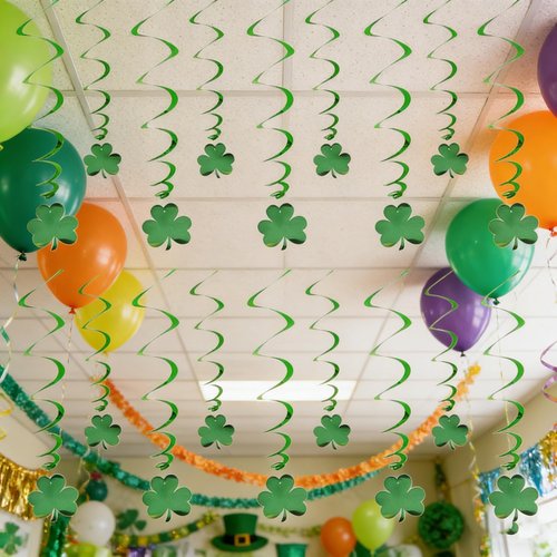 St Patricks Day Shamrock Hanging Swirls Ceiling Decorations 18pcs Glitter Green Spring Lucky Clover Foil Ornaments Garland for Tree Irish Holiday Wall Window Garden Wedding Party Home Decor