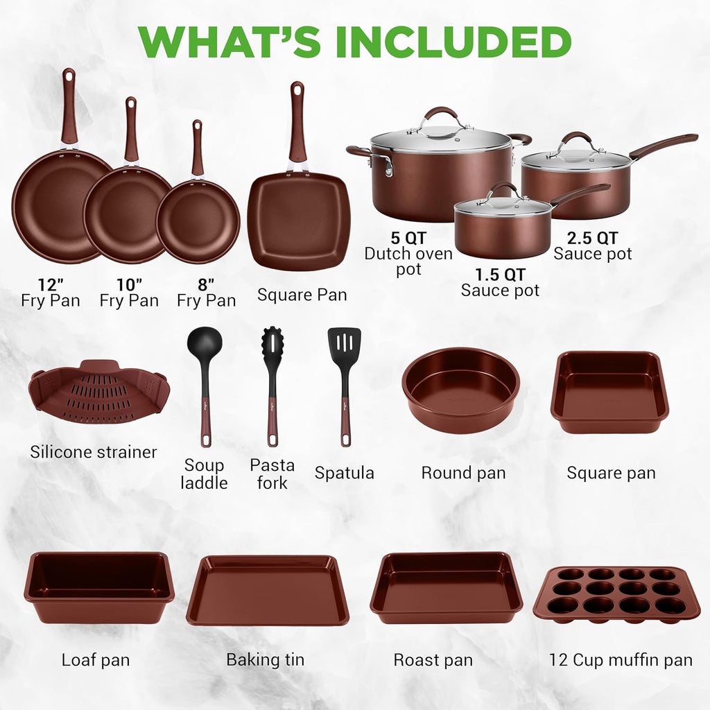 NutriChef 20-Piece Non-Stick Cookware & Bakeware Set - Cool-Touch Handles, Easy Clean, Brown