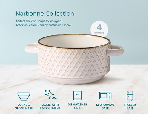 KooK Ceramic Soup Bowls with Handles, Embossed, for French Onion Soup, Pastas, Ramen, Stews, Microwave & Dishwasher Safe, Ivory with Hand-Painted Rim, Set of 4, 24 oz, Narbonne Collection