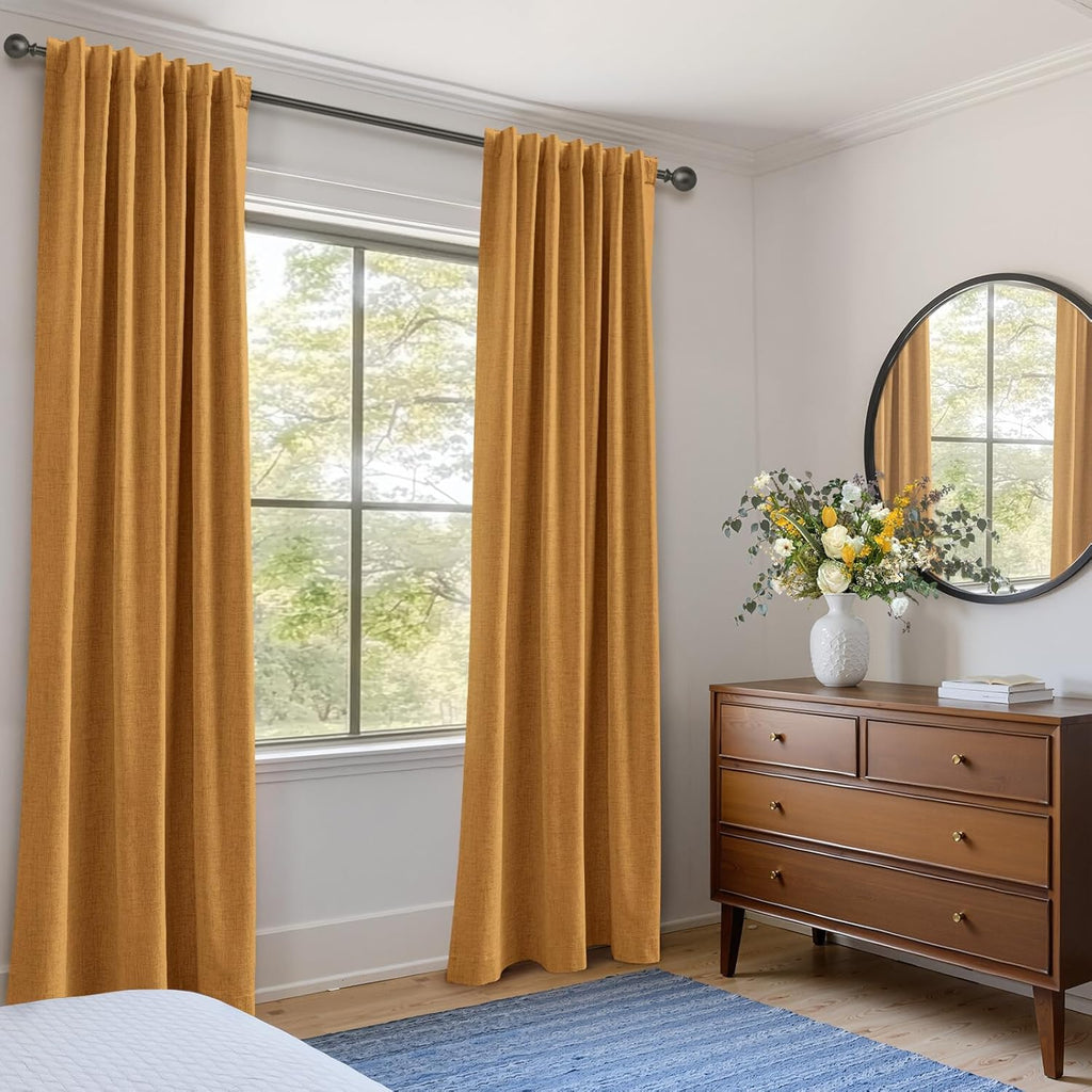 Skiennix 100% Blackout Linen Curtains - Thermal Insulated Drapes, 84" Long, Mustard Yellow, 2 Panels Set