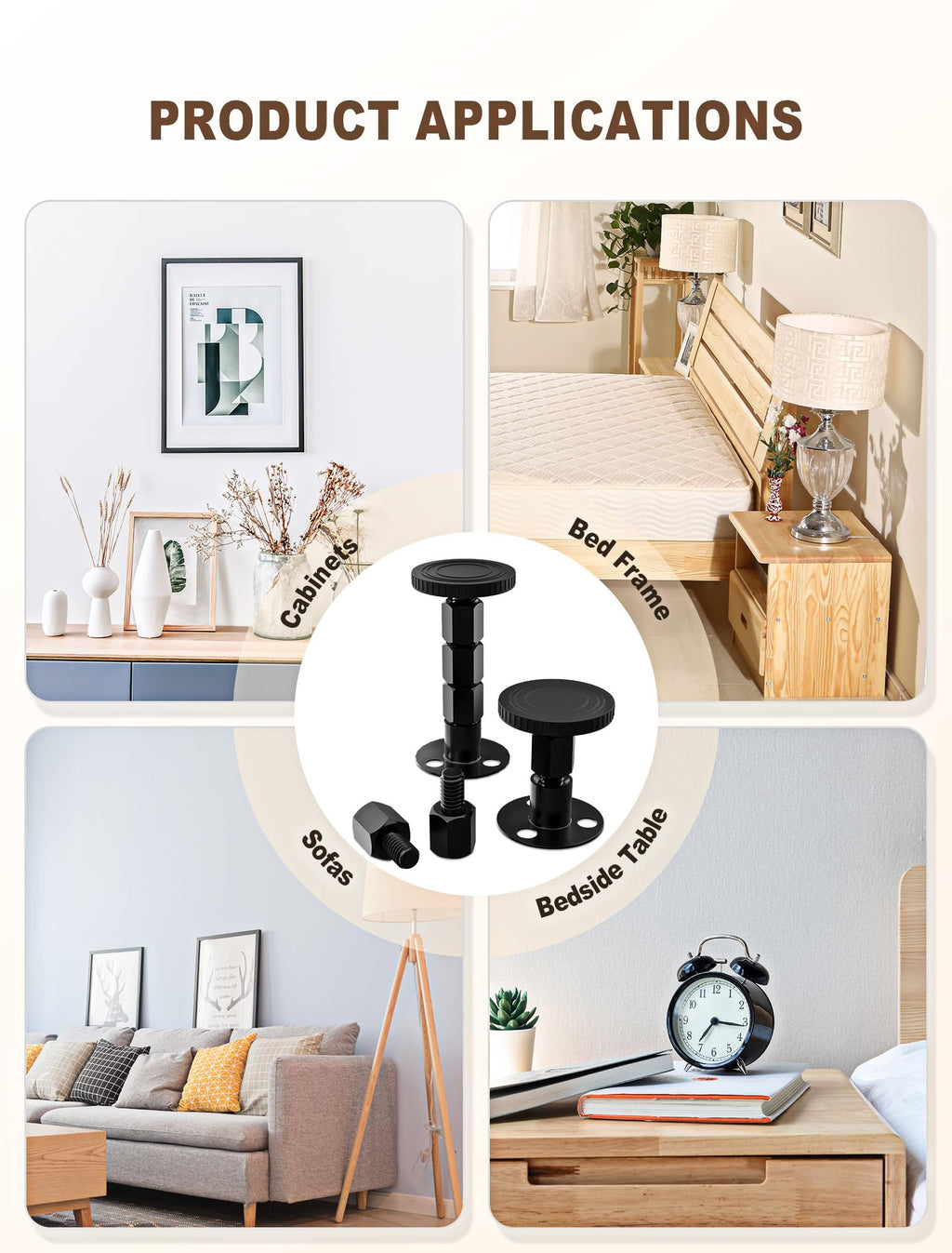 4PCS Adjustable Threaded Bed Frame Anti-Shake Tool, Upgraded Headboard stoppers with Free Furniture Pads, Easy Installation Bedside Anti-Shake Tool for Headboards, Cabinets and Sofas, 1.18-4.13in