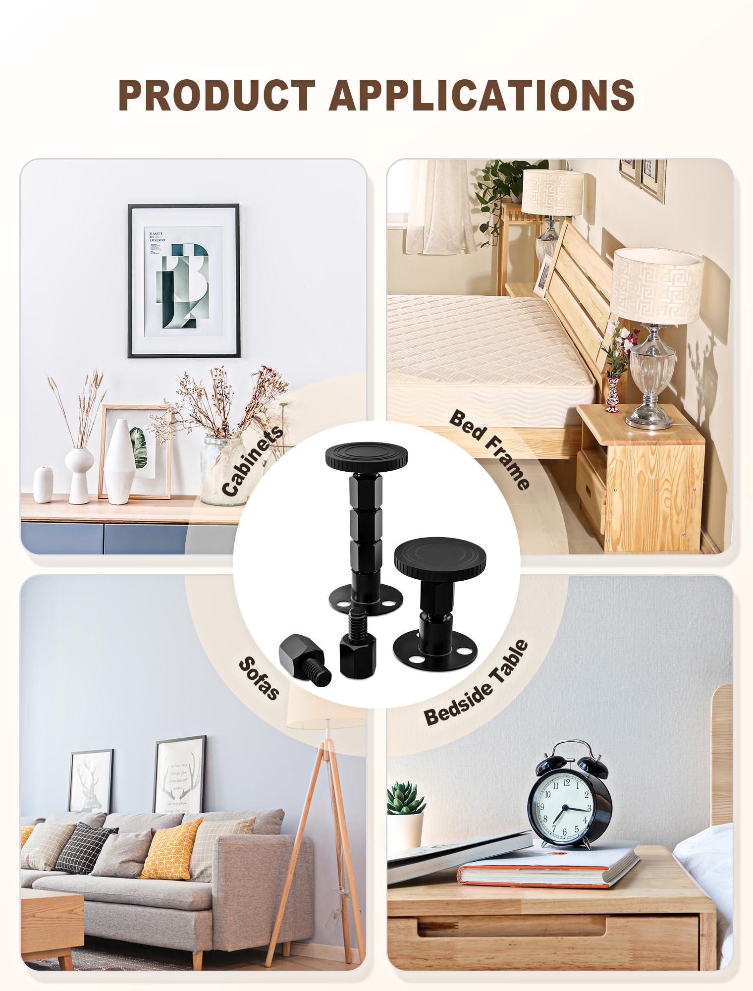4PCS Adjustable Threaded Bed Frame Anti-Shake Tool, Upgraded Headboard stoppers with Free Furniture Pads, Easy Installation Bedside Anti-Shake Tool for Headboards, Cabinets and Sofas, 1.18-4.13in
